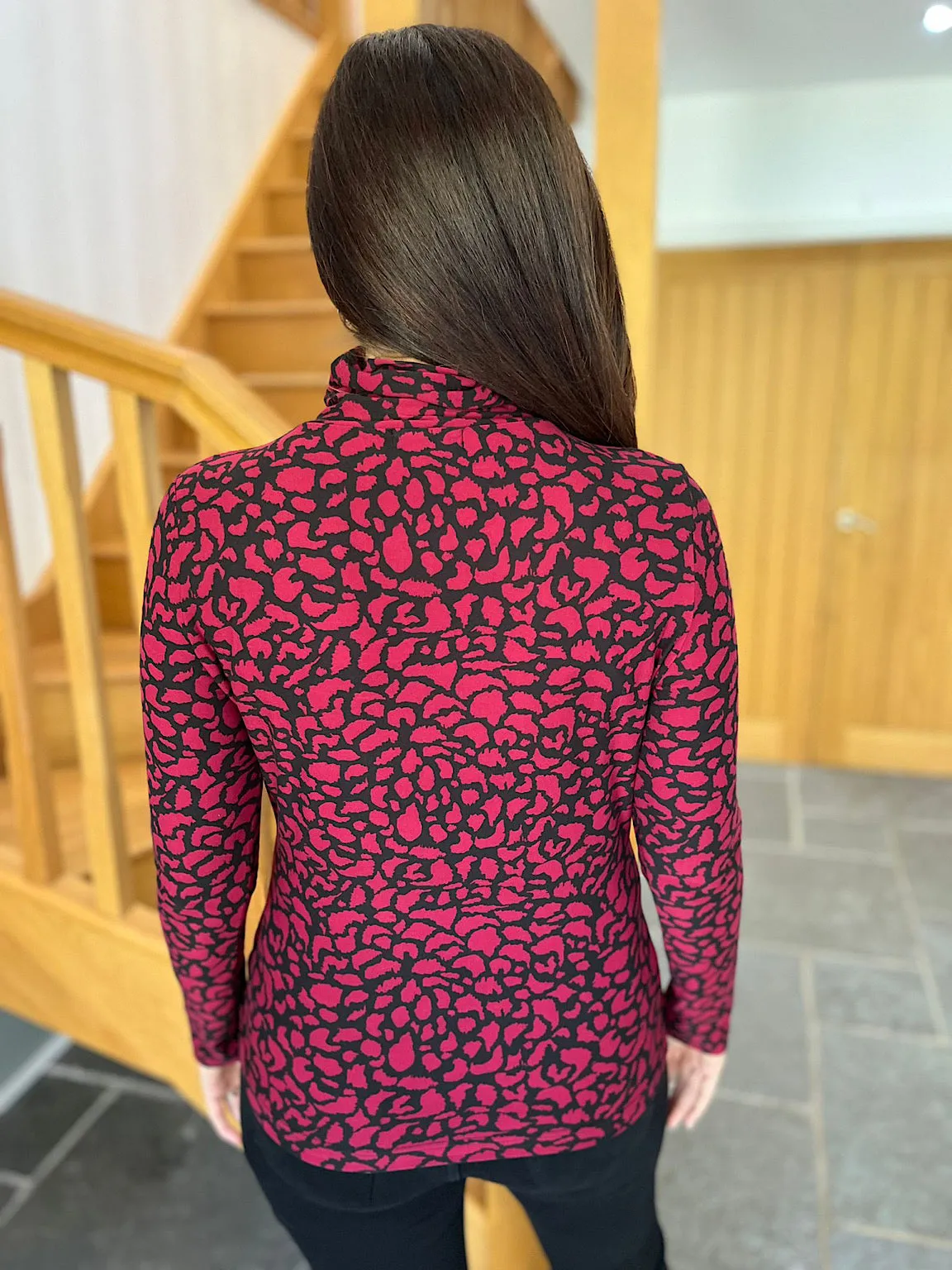 Wine Super Soft Touch Animal Print Roll Neck