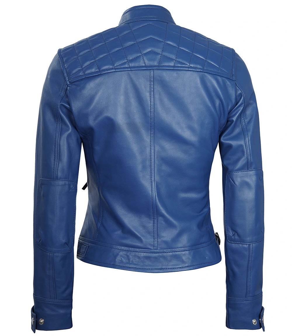 Women Blue Diamond Cafe Racer Real Leather Jacket