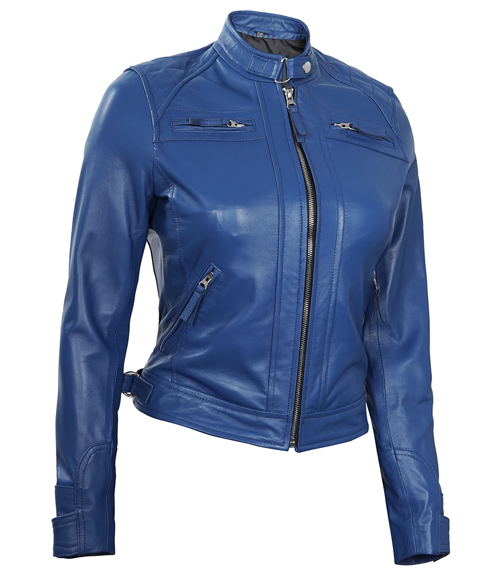 Women Blue Diamond Cafe Racer Real Leather Jacket