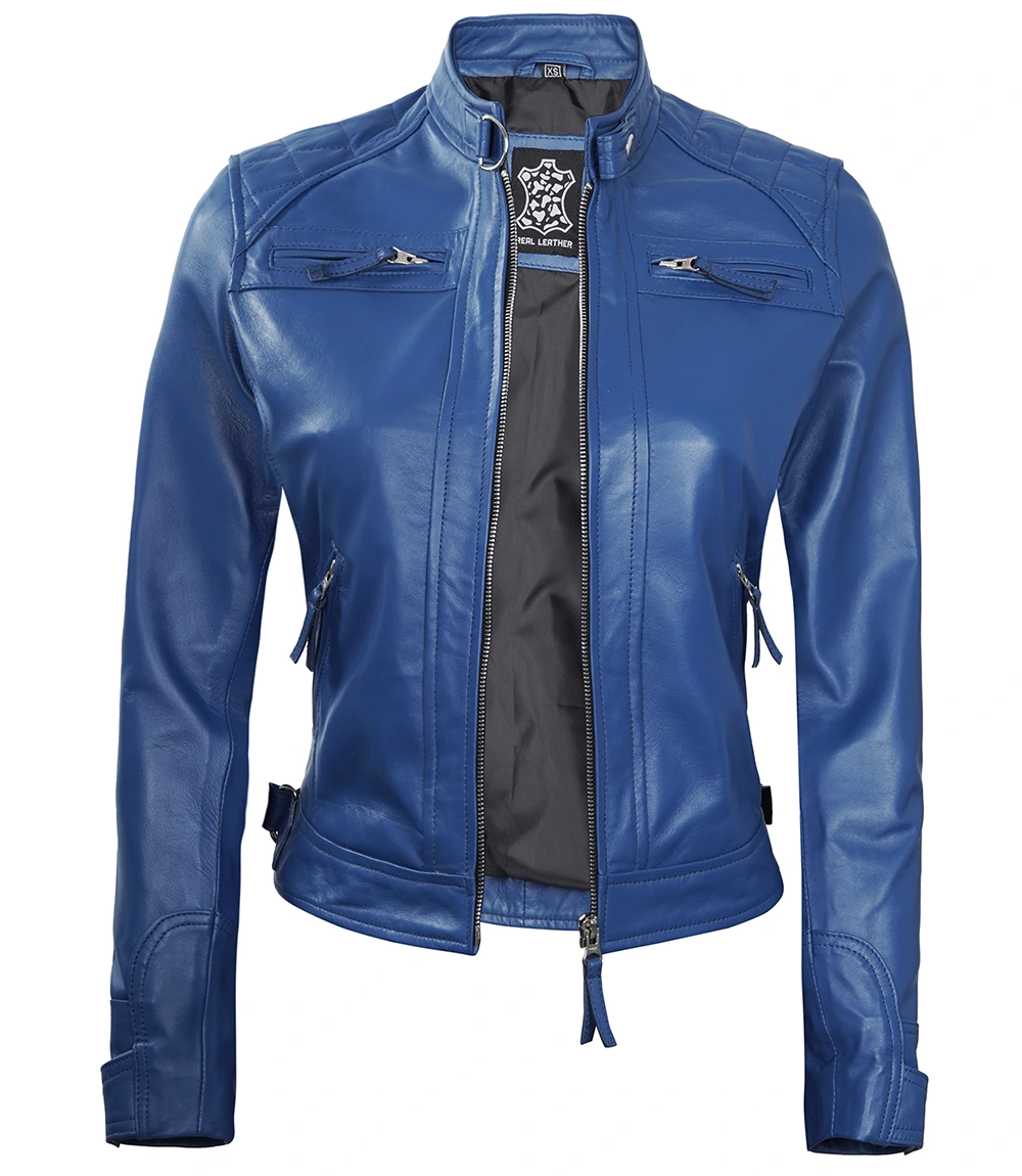 Women Blue Diamond Cafe Racer Real Leather Jacket