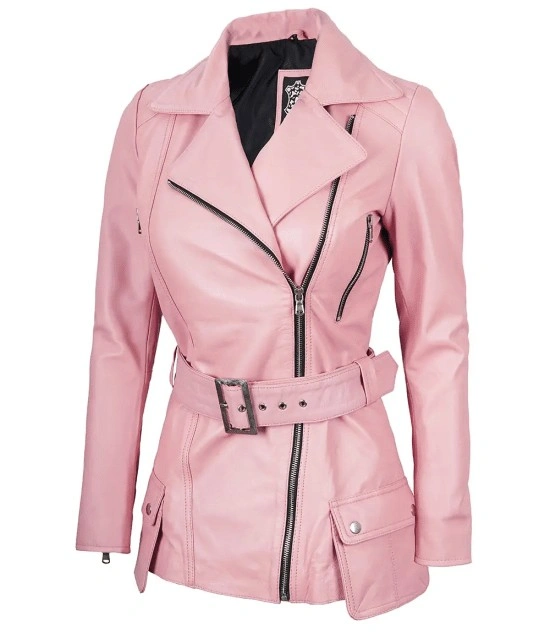 Women's Pink Asymmetrical Belted Leather Jacket