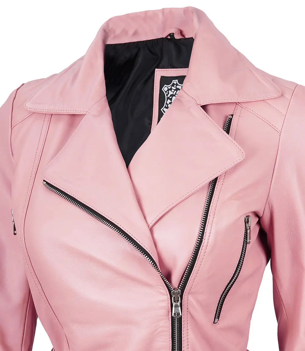 Women's Pink Asymmetrical Belted Leather Jacket