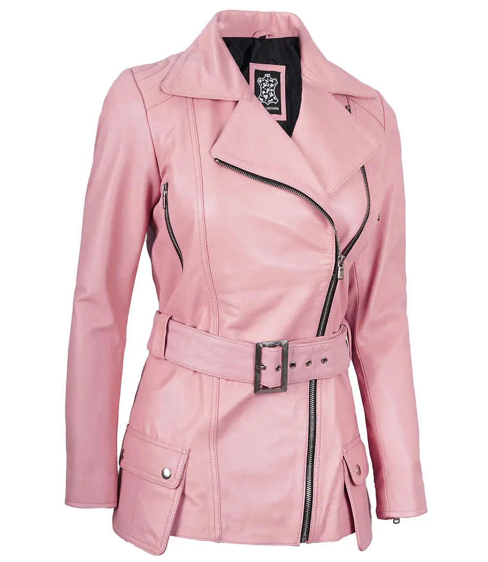 Women's Pink Asymmetrical Belted Leather Jacket