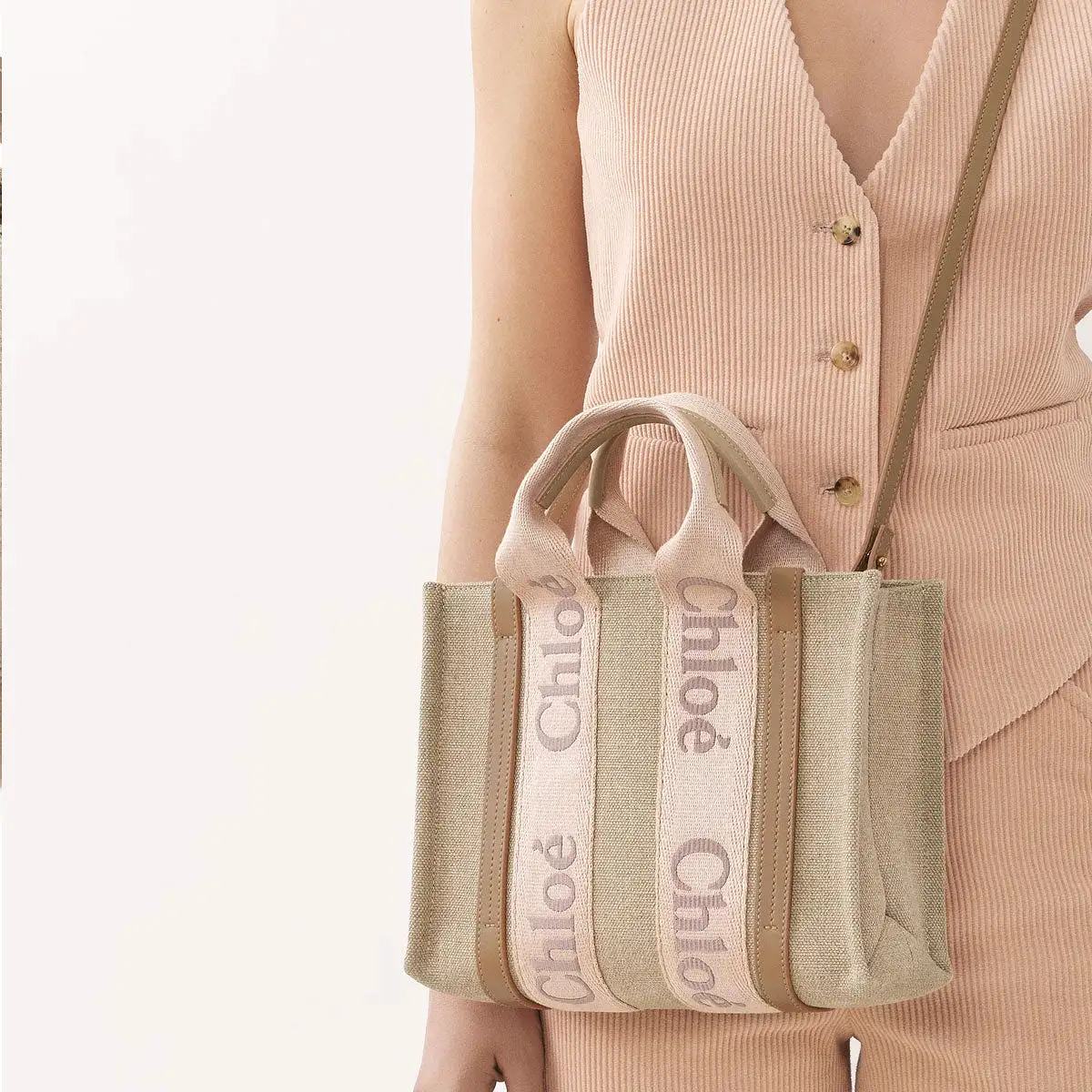 Woody Tote Small Embroidered Logo, Blush Beige